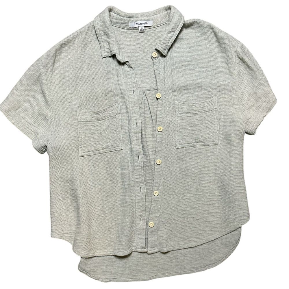 Madewell Textured Short Sleeve Button Front Top XS Dusty Blue Boxy